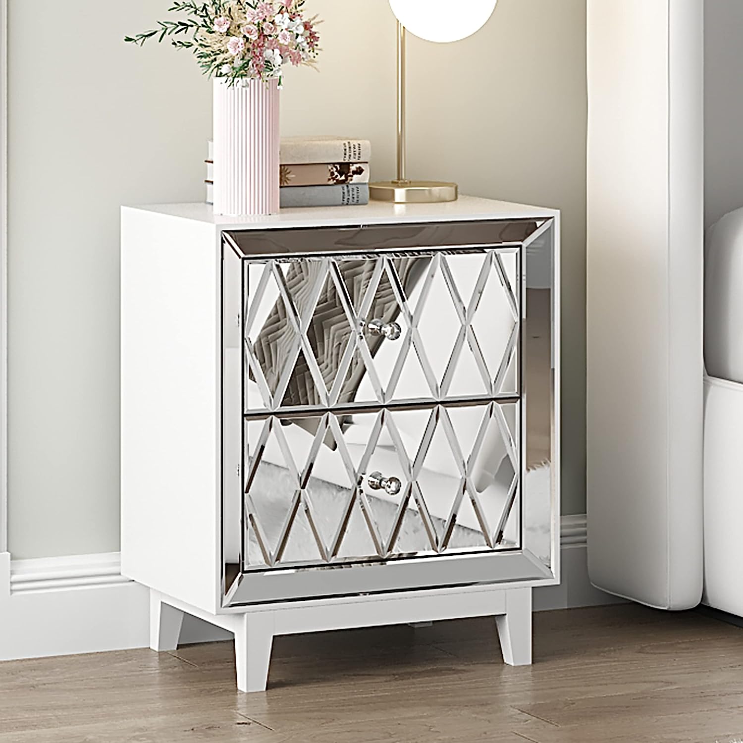 HD-23401, Mirrored side table with two drawers, silver