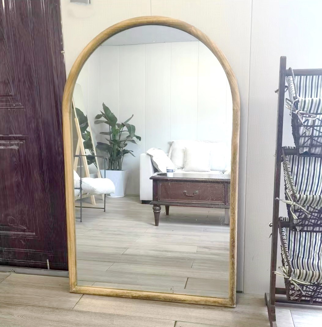 HD-M009 arched wood wall mirror, natural finish